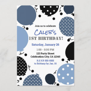 Invitación Globos de lunares azules y negros para fiesta de c