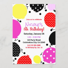 Invitación Globos de lunares rojos rosados negros Fiesta de C