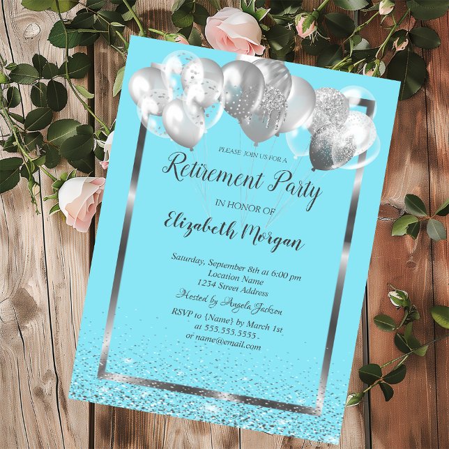 Invitación Globos de marco de plata Jubilación Azul Claro (Subido por el creador)