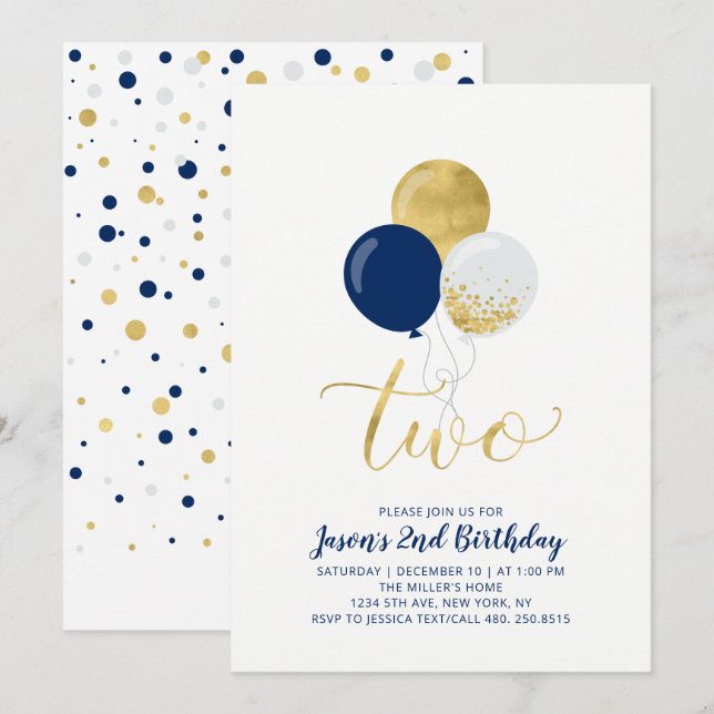 Invitación Globos de Marina y Oro | Dos cumpleaños de niño (Anverso / Reverso)