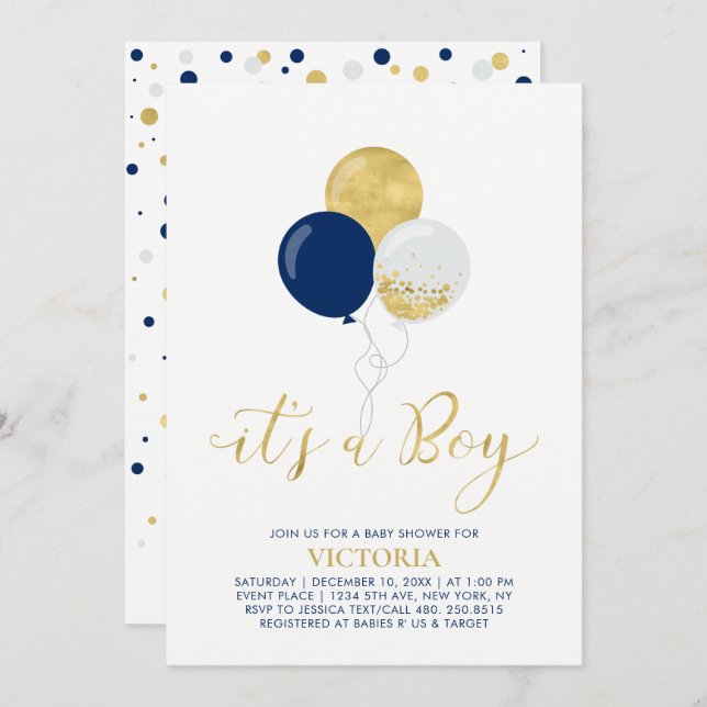 Invitación Globos de Marina y Oro | Es un Boy Baby Shower (Anverso / Reverso)