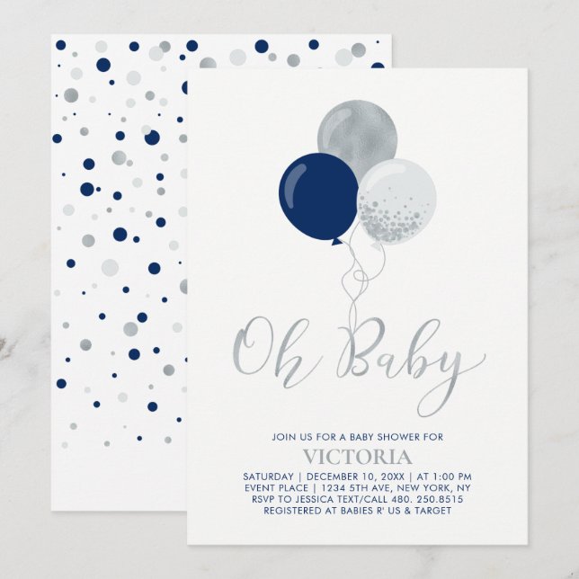 Invitación Globos de Marina y Plata | Oh Baby Boy Baby Shower (Anverso / Reverso)