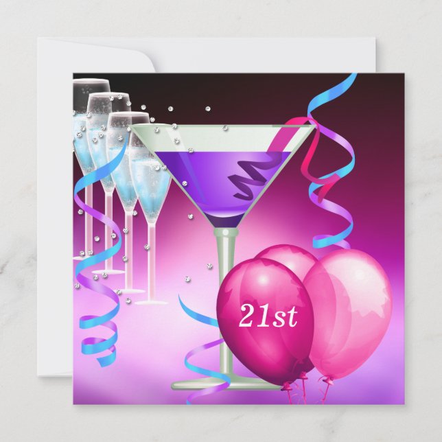 Invitación Globos de Martini blancos, rosados y morados para  (Anverso)