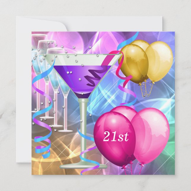 Invitación Globos de Martini de cumpleaños 21 Blancos Rosa Pu (Anverso)