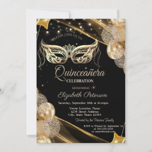 Invitación Globos de Mascarada Estrellas Negras Quinceañera