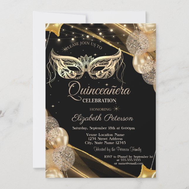 Invitación Globos de Mascarada Estrellas Negras Quinceañera (Anverso)