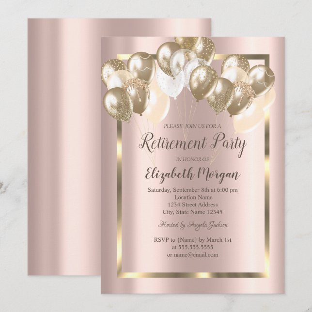 Invitación Globos de moda, marco, oro Rosa, jubilación (Anverso / Reverso)