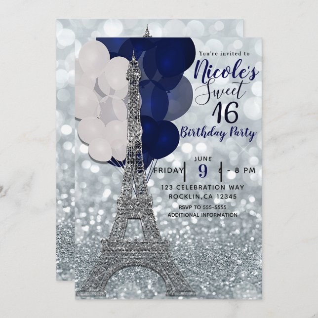 Invitación Globos de Navy con Brillo Plateado Torre Eiffel de (Anverso / Reverso)