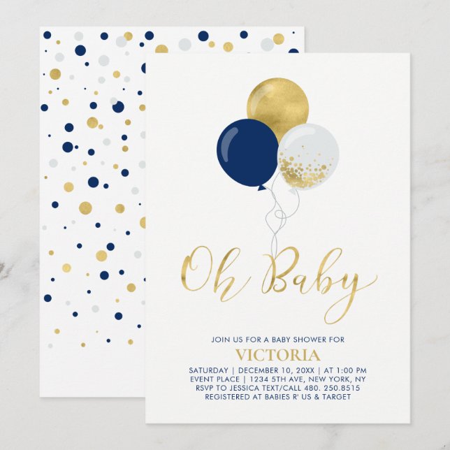 Invitación Globos de Navy y Dorado | Oh Baby Boy Baby Shower (Anverso / Reverso)