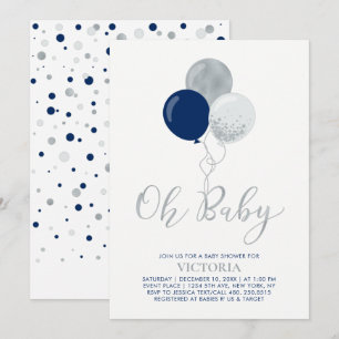 Invitación Globos de Navy y Plata   Oh Baby Boy Baby Shower