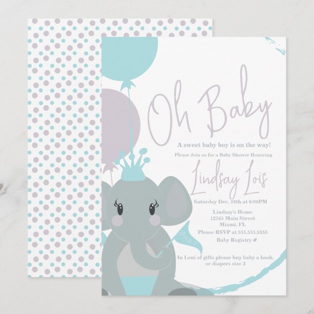 Invitación Globos de niña bebé elefante guión baby shower  (Anverso / Reverso)