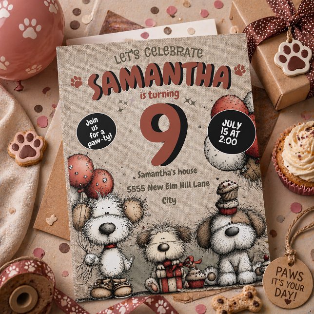 Invitación Globos de Niña Fiesta de Perrito Rústico Cumpleaño (Cute dogs 9th birthday party invitation for little girls)