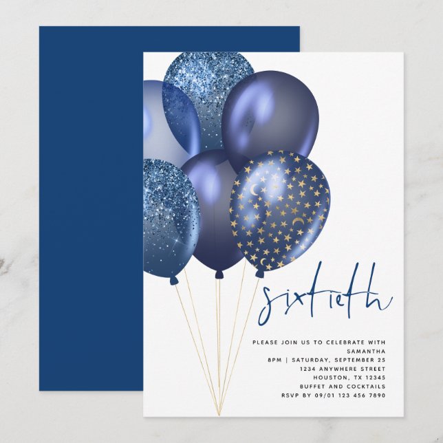 Invitación Globos de Oro Azul Purpurinoso Fiesta de cumpleaño (Anverso / Reverso)