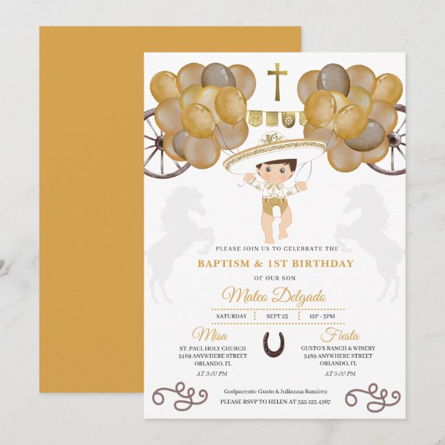 Invitación Globos de oro Baby Charro Bautismo Mexicano (Anverso / Reverso)