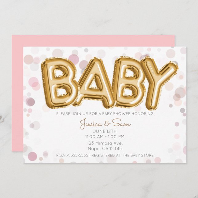Invitación Globos de oro Baby Shower Moda moderna rosa (Anverso / Reverso)