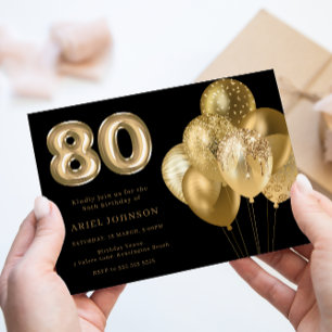 Invitación Globos de oro Black 80th Birthday Party