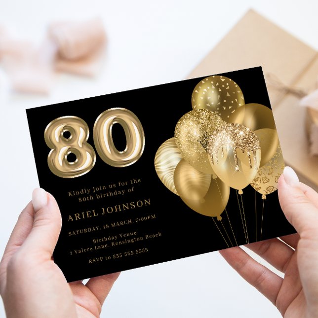 Invitación Globos de oro Black 80th Birthday Party (Subido por el creador)