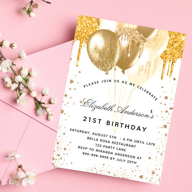 Invitación Globos de oro blanco de cumpleaños purpurina gotea (Subido por el creador)