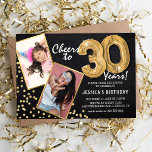 Invitación Globos de oro Chalkboard 2 Foto 30 cumpleaños<br><div class="desc">¡Celebrando haber cumplido 30! Estas invitaciones te permiten subir una foto antes y después del hombre o mujer de cumpleaños en un marco dorado, con el título '¡Saludos a 30 años!'. Con un fondo rústico de pizarra, globos de helio de número dorado, flecks purpurinas de oro falsos y una plantilla...</div>