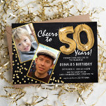 Invitación Globos de oro Chalkboard 2 Foto 50 cumpleaños<br><div class="desc">¡Celebrando el GRAN 50! Estas invitaciones te permiten subir una foto antes y después del hombre o mujer de cumpleaños en un marco dorado, con el título '¡Saludos a 50 años!'. Con un fondo rústico de pizarra, globos de helio de número dorado, flecks de purpurina dorado y una plantilla de...</div>