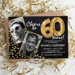 Invitación Globos de oro Chalkboard 2 Foto 60 cumpleaños<br><div class="desc">¡Celebrando el GRAN 60! Estas invitaciones te permiten subir una foto antes y después del hombre o mujer de cumpleaños en un marco dorado, con el título '¡Saludos a 60 años!'. Con un fondo rústico de pizarra, globos de helio de número dorado, flecks purpurinas de oro falsos y una plantilla...</div>