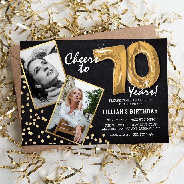 Invitación Globos de oro Chalkboard 2 Foto 70 cumpleaños (Subido por el creador)