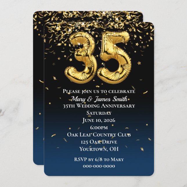Invitación Globos de oro de 35 años y Confetti (Anverso / Reverso)