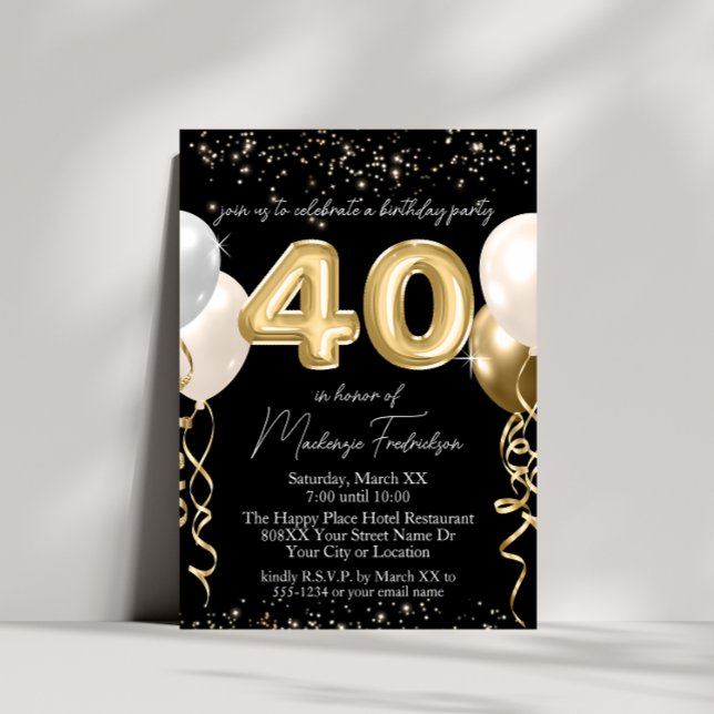 Invitación Globos de oro de 40 años en negro (Subido por el creador)