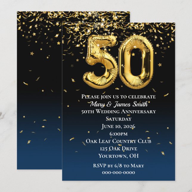 Invitación Globos de oro de 50 años y Confetti (Anverso / Reverso)