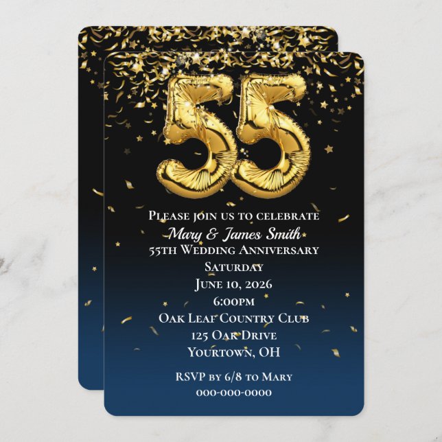 Invitación Globos de oro de 55 años y Confetti (Anverso / Reverso)
