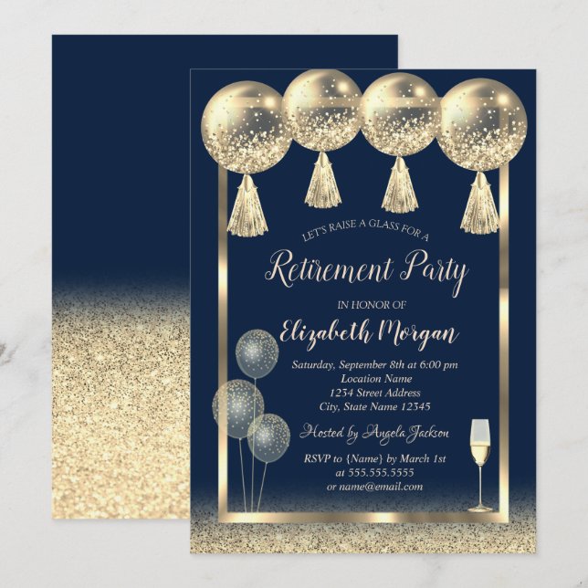 Invitación Globos de oro de cristal de vino Purpurina Jubilac (Anverso / Reverso)