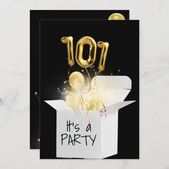 Invitación Globos De Oro De Cumpleaños 101 En Caja Blanca (Anverso / Reverso)