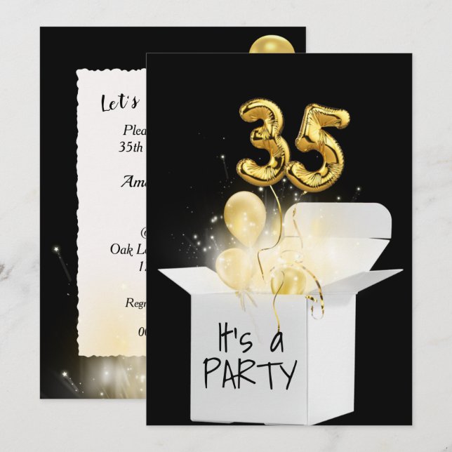 Invitación Globos De Oro De Cumpleaños 35 En Caja Blanca (Anverso / Reverso)
