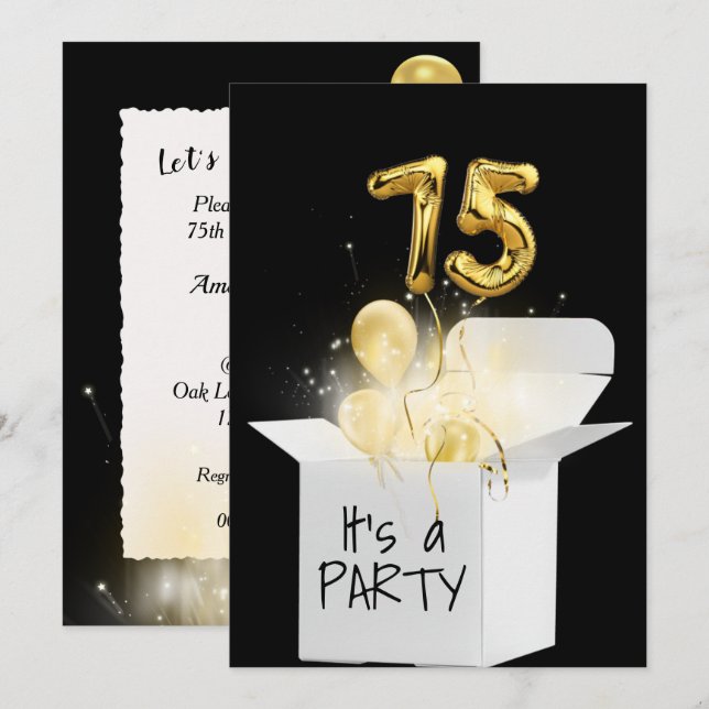 Invitación Globos De Oro De Cumpleaños 75 En Caja Blanca (Anverso / Reverso)
