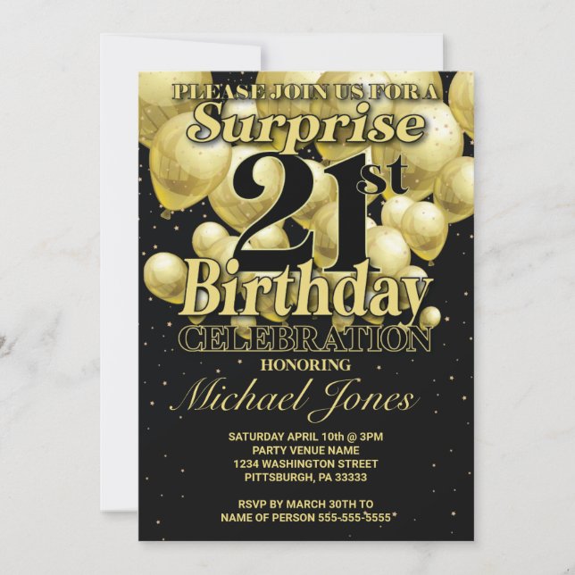 Invitación Globos de Oro de cumpleaños número 21 (Anverso)