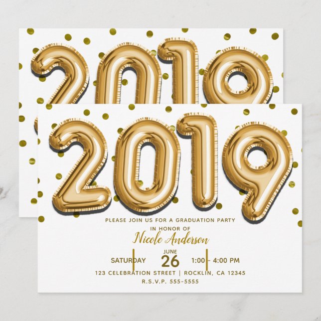 Invitación Globos de oro de la FIESTA de GRADUACIÓN 2019 (Anverso / Reverso)