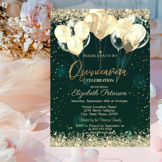 Invitación Globos de oro de moda Purpurina de diamantes verde (Subido por el creador)