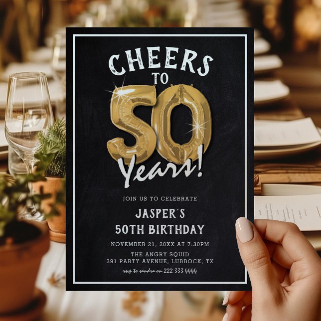 Invitación Globos de Oro de Pizarra Rústica Cumpleaños 50 (Subido por el creador)
