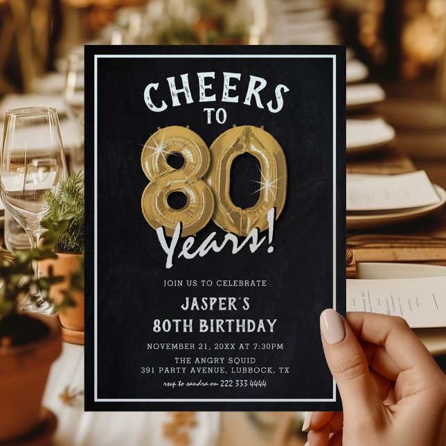 Invitación Globos de Oro de Pizarra Rústica Cumpleaños 80 (Subido por el creador)