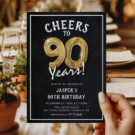 Invitación Globos de Oro de Pizarra Rústica Cumpleaños 90