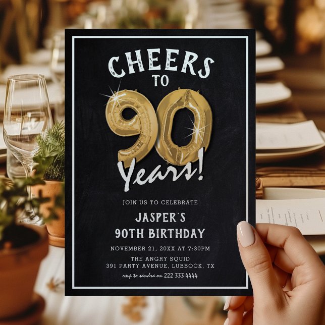 Invitación Globos de Oro de Pizarra Rústica Cumpleaños 90 (Subido por el creador)