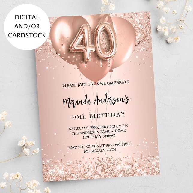 Invitación Globos de oro de rosa de 40 años (Subido por el creador)