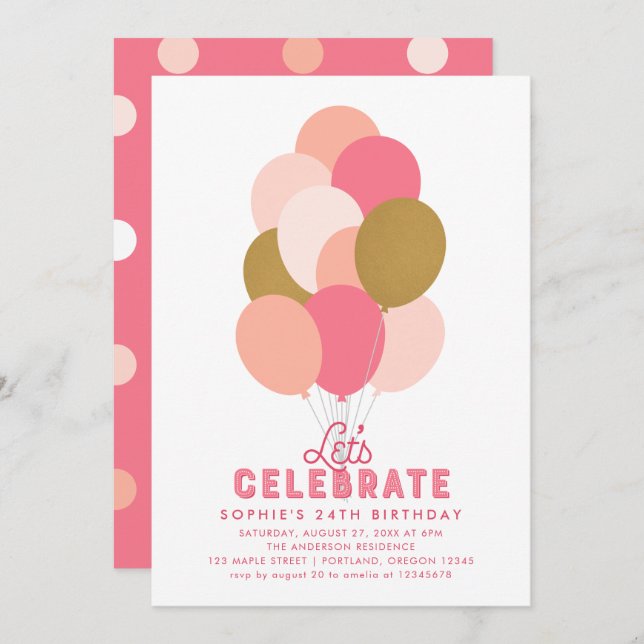 Invitación Globos de oro de Rubor Pink Faux con cualquier eda (Anverso / Reverso)