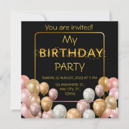 Invitación Globos de oro. Elegante cumpleaños