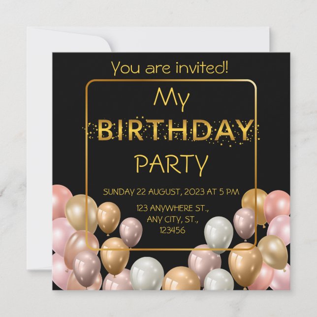 Invitación Globos de oro. Elegante cumpleaños (Anverso)