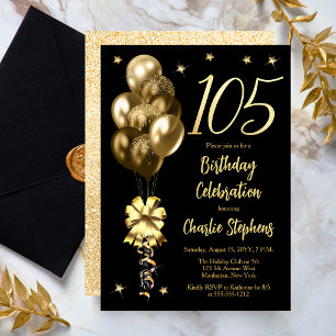 Invitación Globos de oro elegantes en Cumpleaños 105 negro