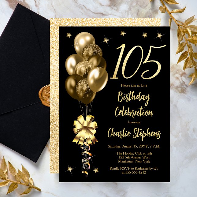 Invitación Globos de oro elegantes en Cumpleaños 105 negro (Elegant Gold-Toned Balloons on Black Dramatic 105th Birthday Invitation)