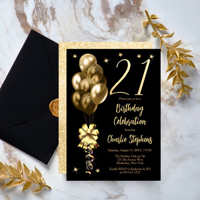 Invitación Globos de oro elegantes en Fiesta de cumpleaños 21 (Elegant Gold-Toned Balloons on Black 21st Birthday Party Invitation)