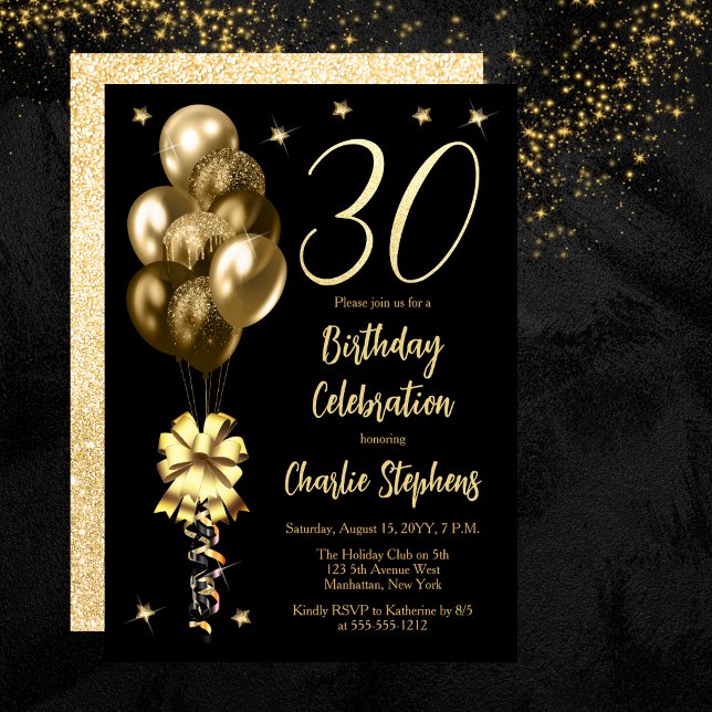 Invitación Globos de oro elegantes en Fiesta de cumpleaños 30 (Elegant Gold-Toned Balloons on Black 30th Birthday Party Invitation)