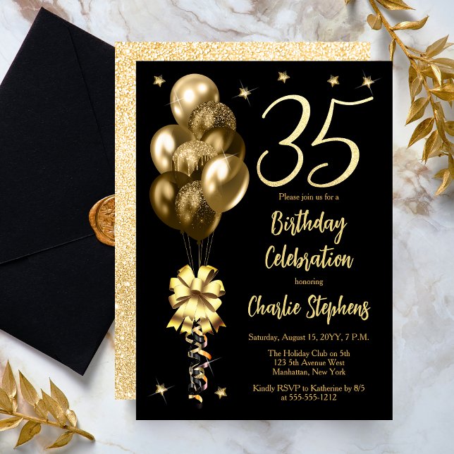 Invitación Globos de oro elegantes en fiesta de cumpleaños 35 (Elegant Gold-Toned Balloons on Black Dramatic 35th Birthday Invitation)